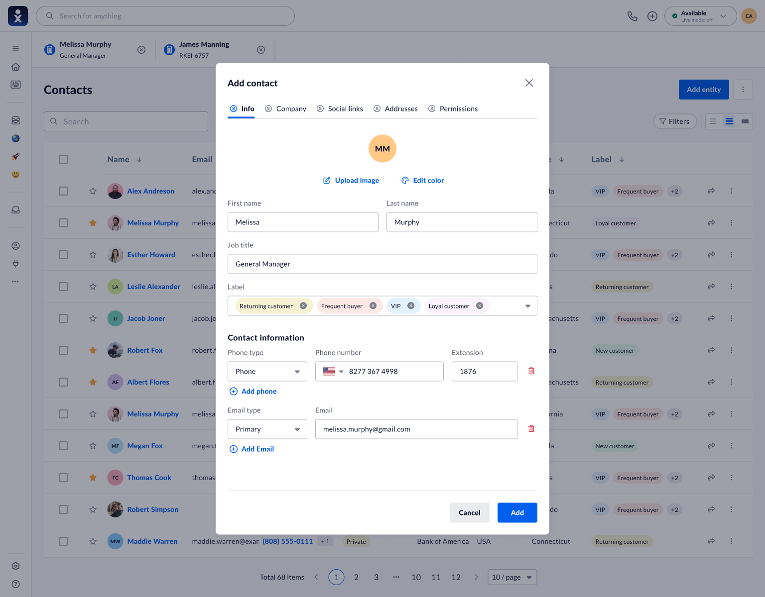 Contact creation with grouped tabs and controls for adding phone and email entries.