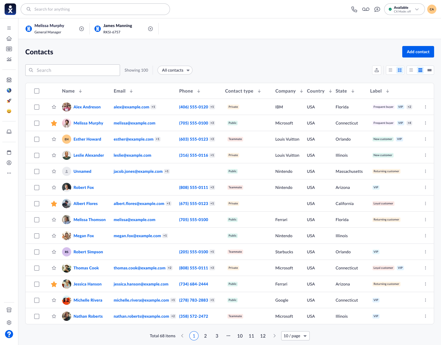 Contact table with search, labels, contact types, and multiple phone or email indicators.