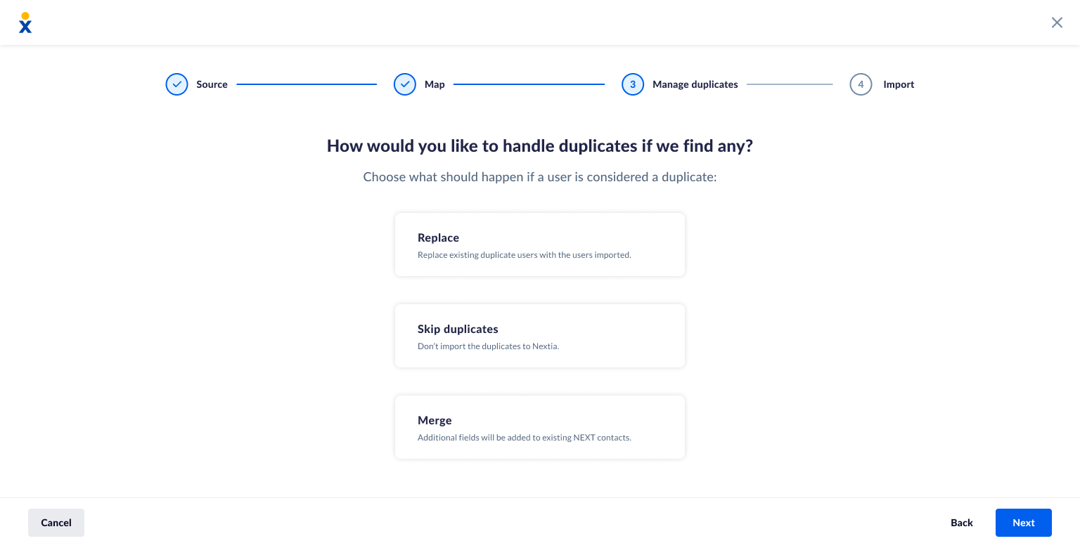 Duplicate-handling options within the four-stage import flow.