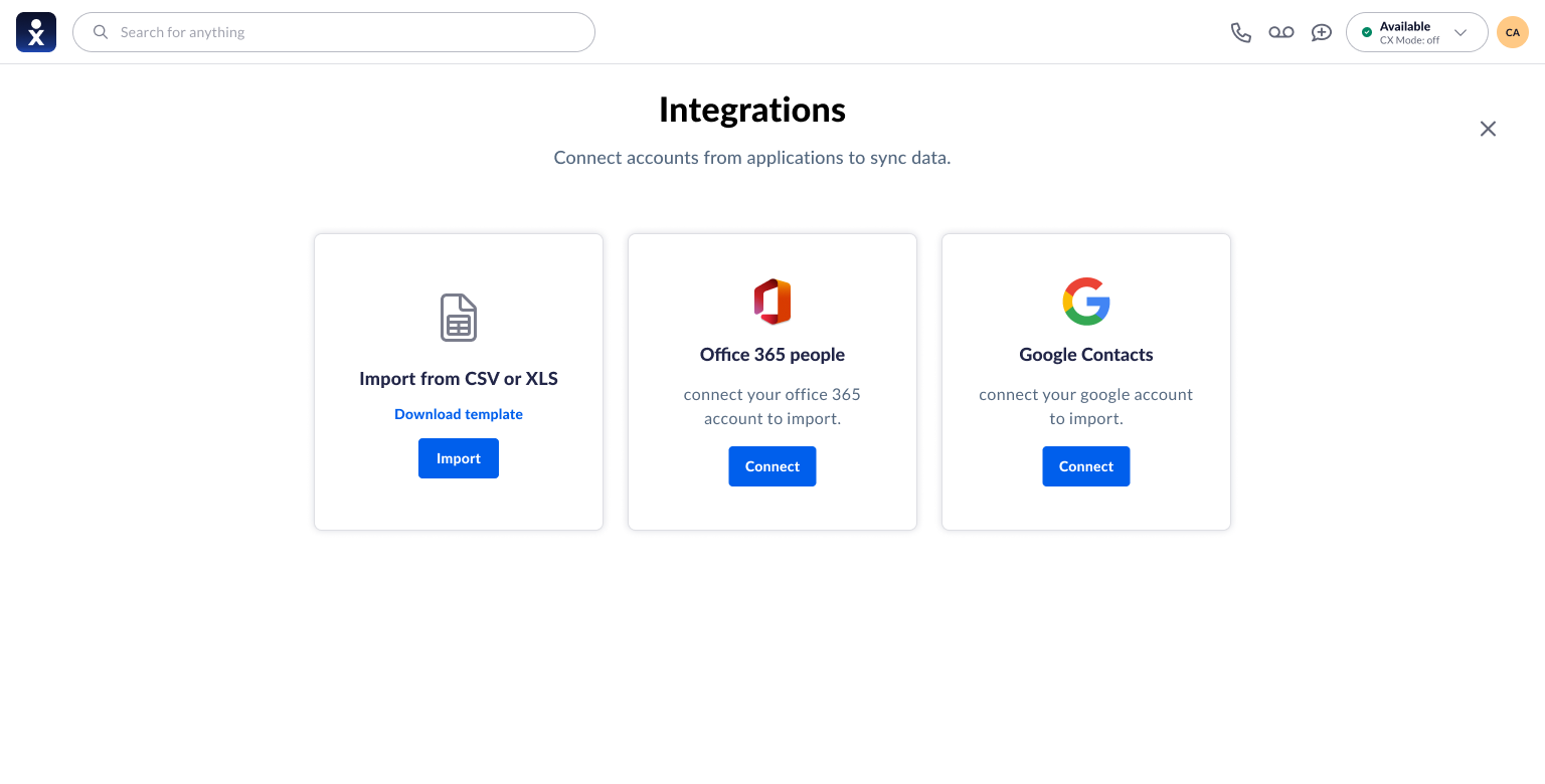 Integration choices for CSV or XLS files, Office 365 people, and Google Contacts.