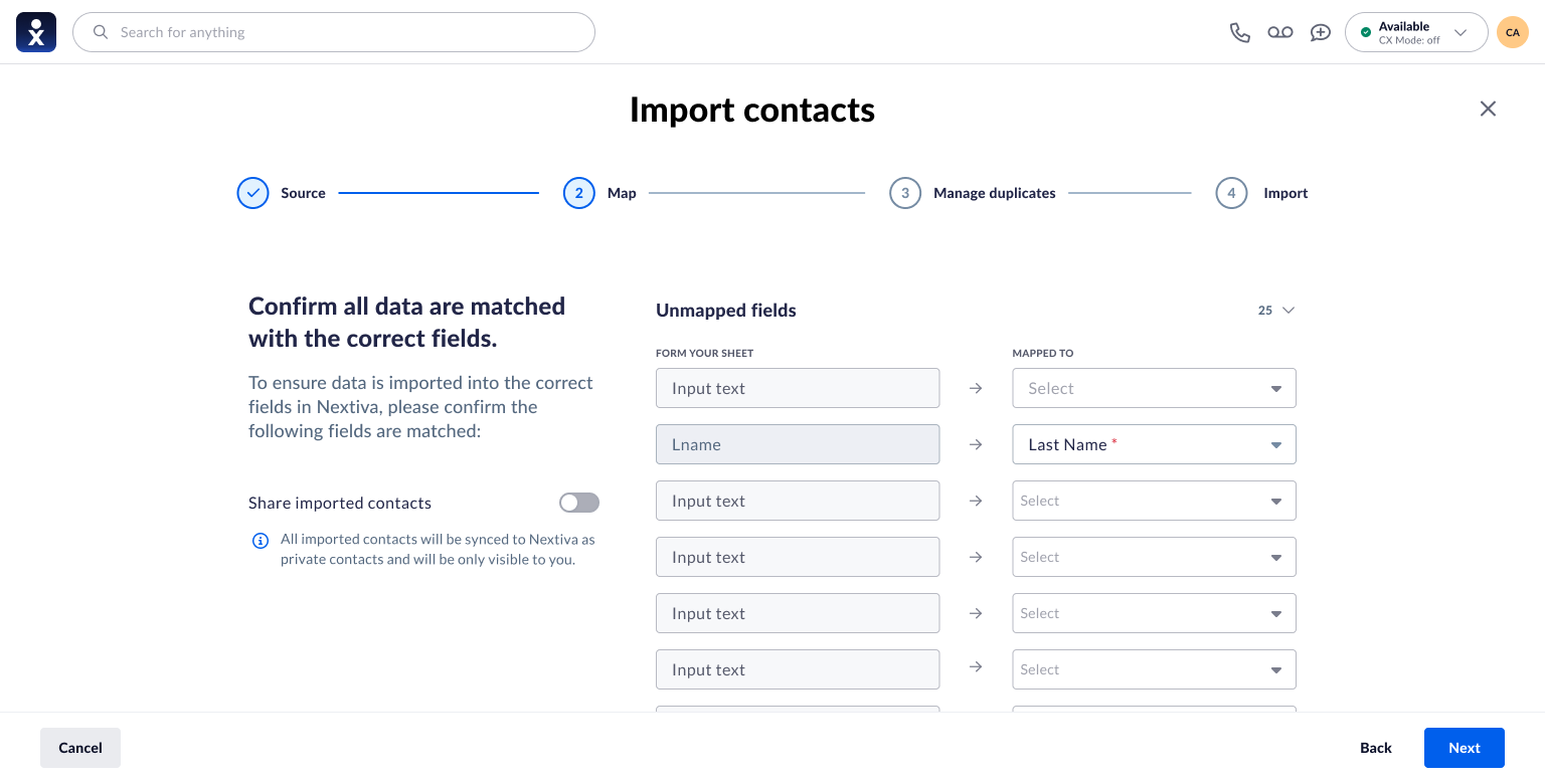 Source-to-destination field mapping and an explicit sharing choice.