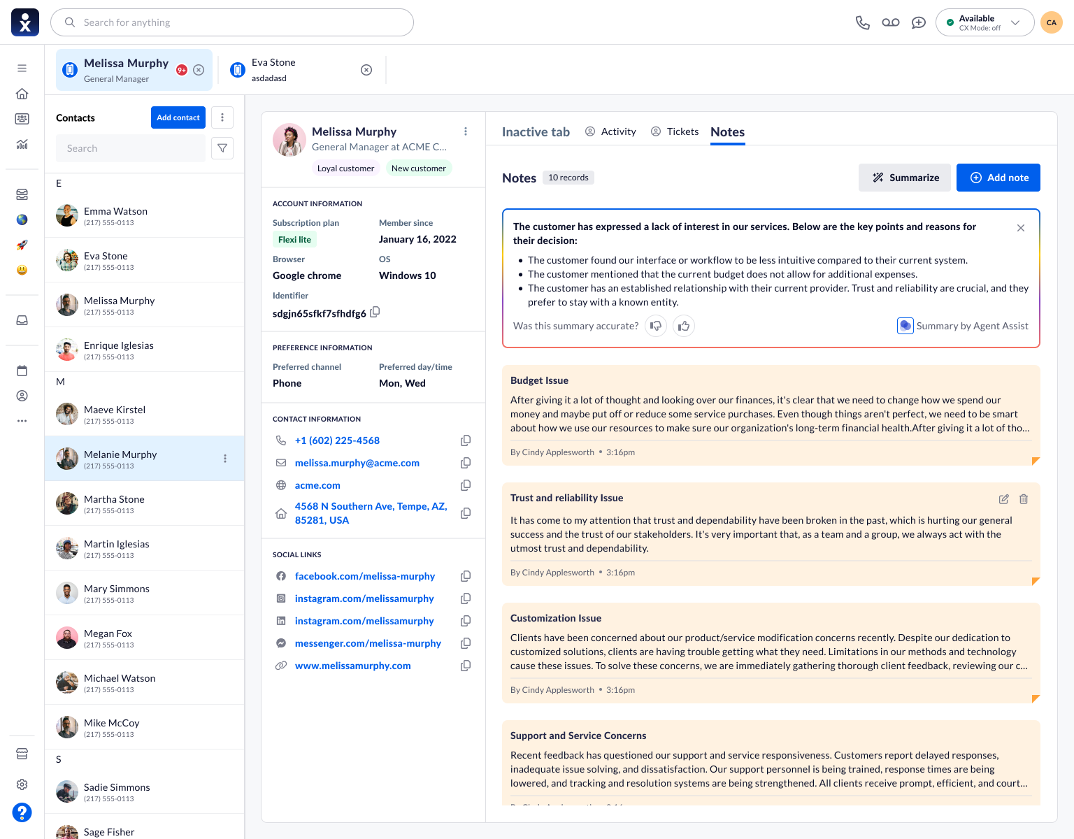 Contact details, individual notes, and an Agent Assist summary with accuracy feedback controls.