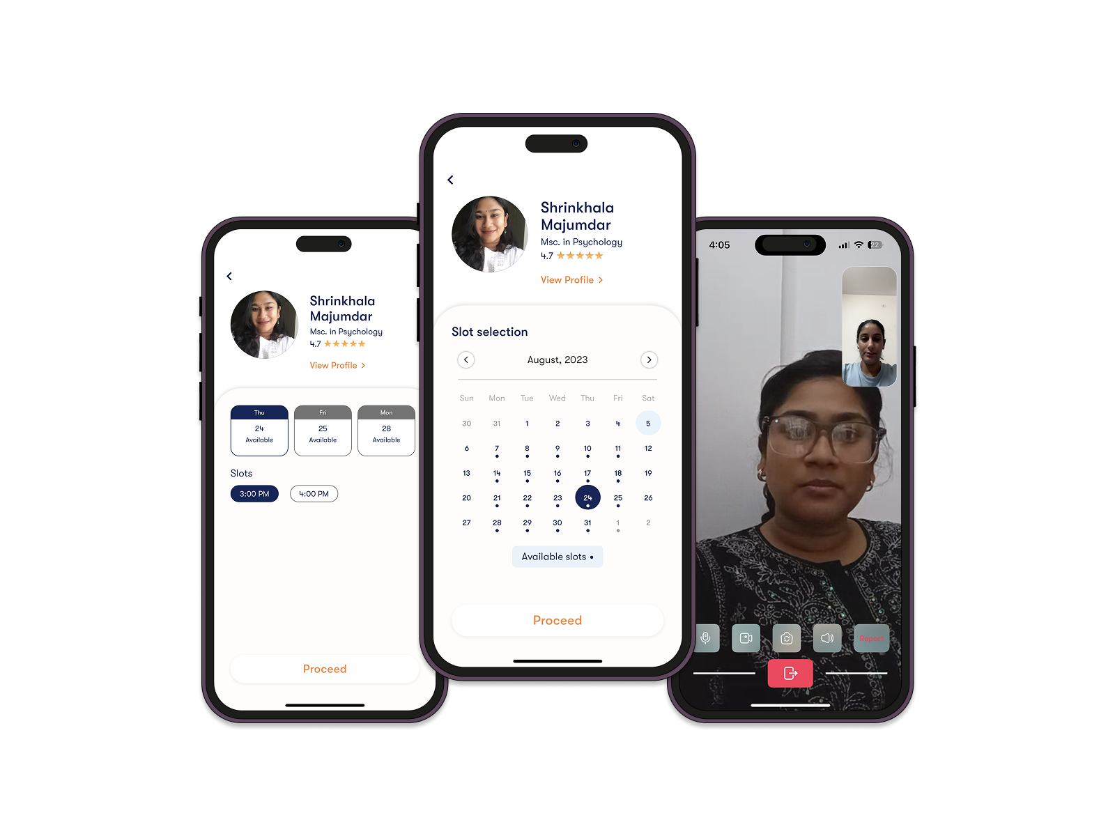 Date selection, available time slots, and the video-session interface.