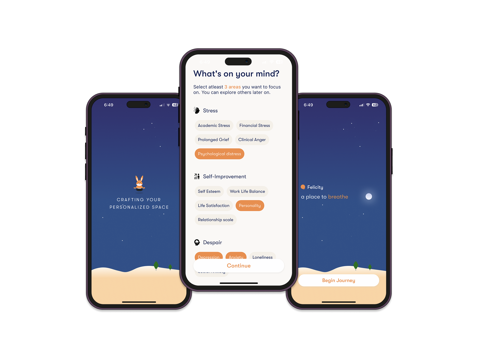 Welcome, focus-area selection, and personalization screens.