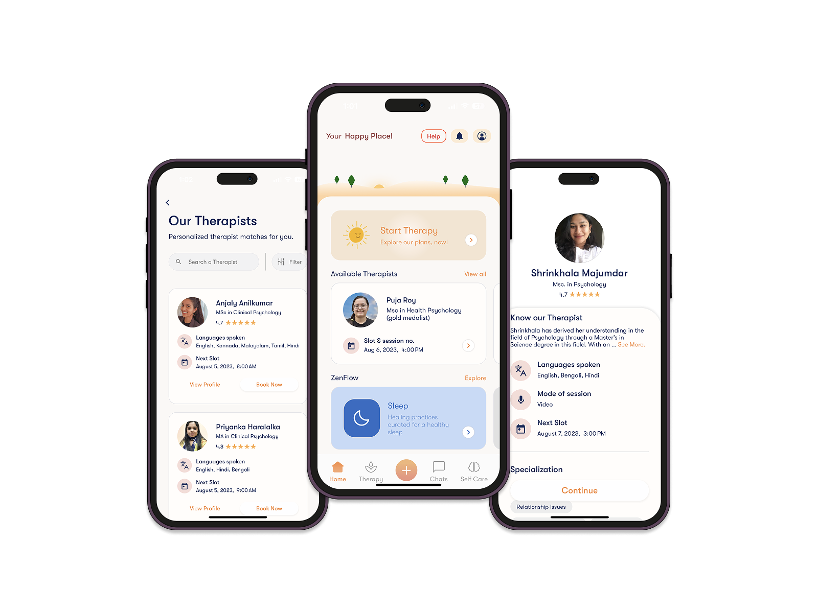 Therapist listings and profiles show languages, qualifications, and available slots.