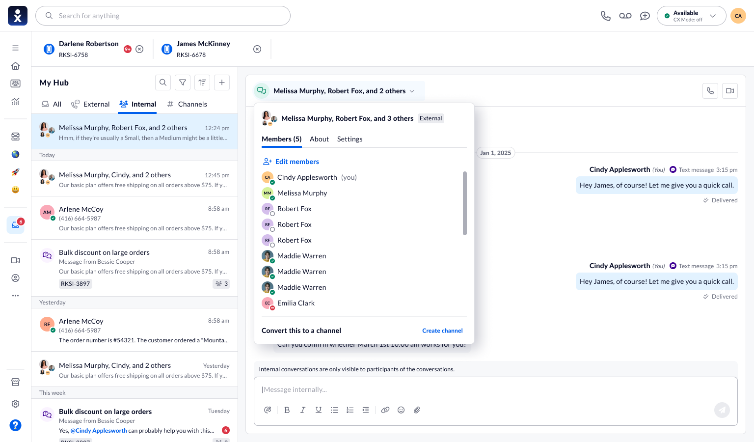 The conversation menu exposes members, settings, and a Create channel action.