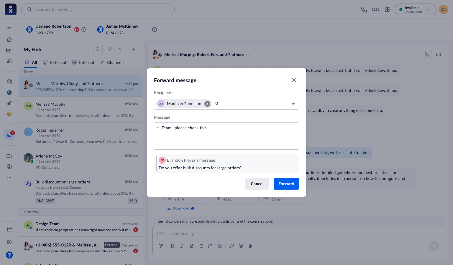 Forwarding dialog with recipient selection, an added note, and the source message.
