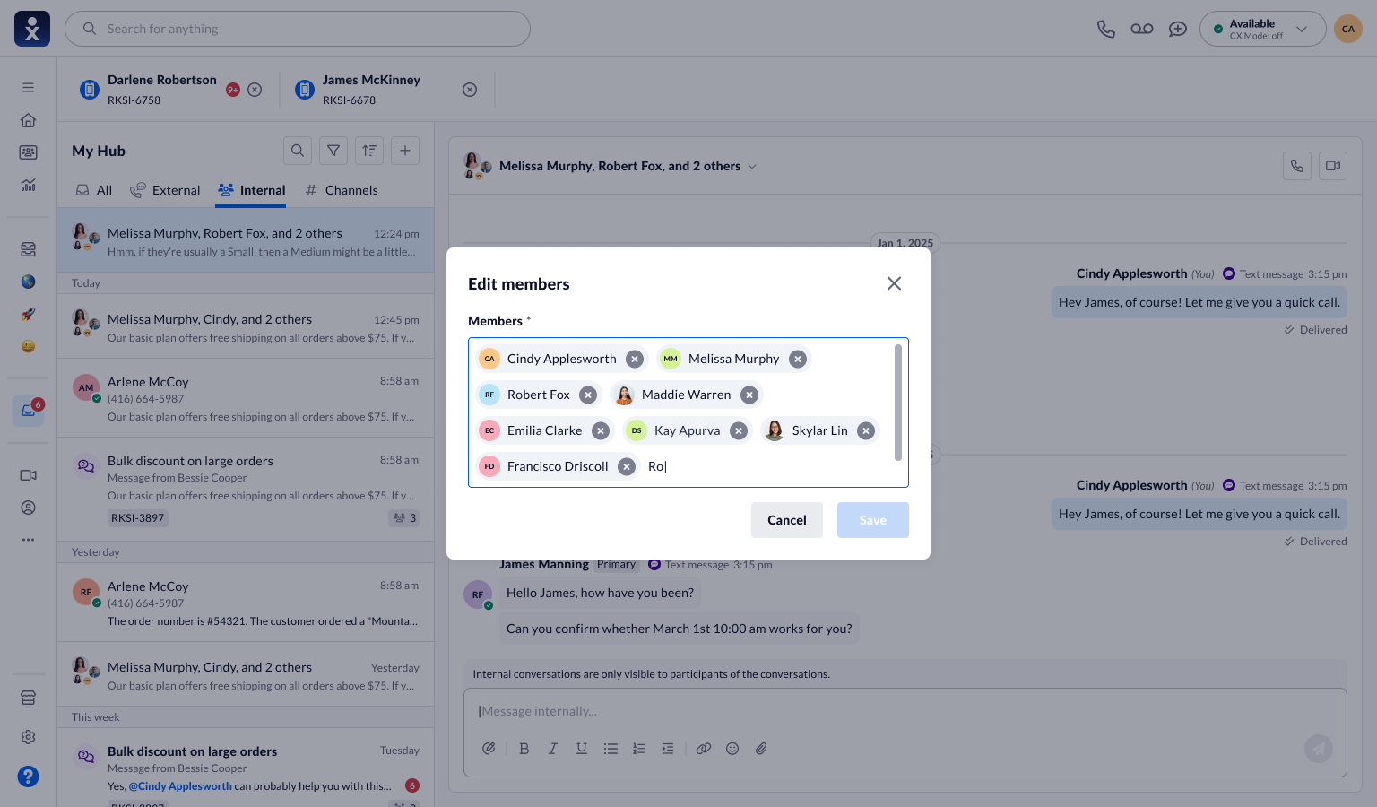 Group membership editor with named participants and Save and Cancel actions.