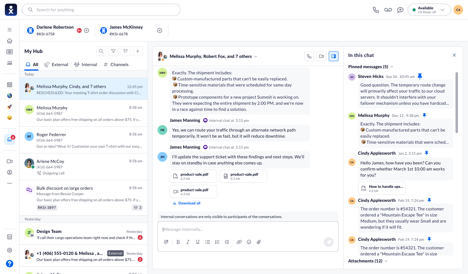 Pinned messages and attachments sit beside the active group conversation.