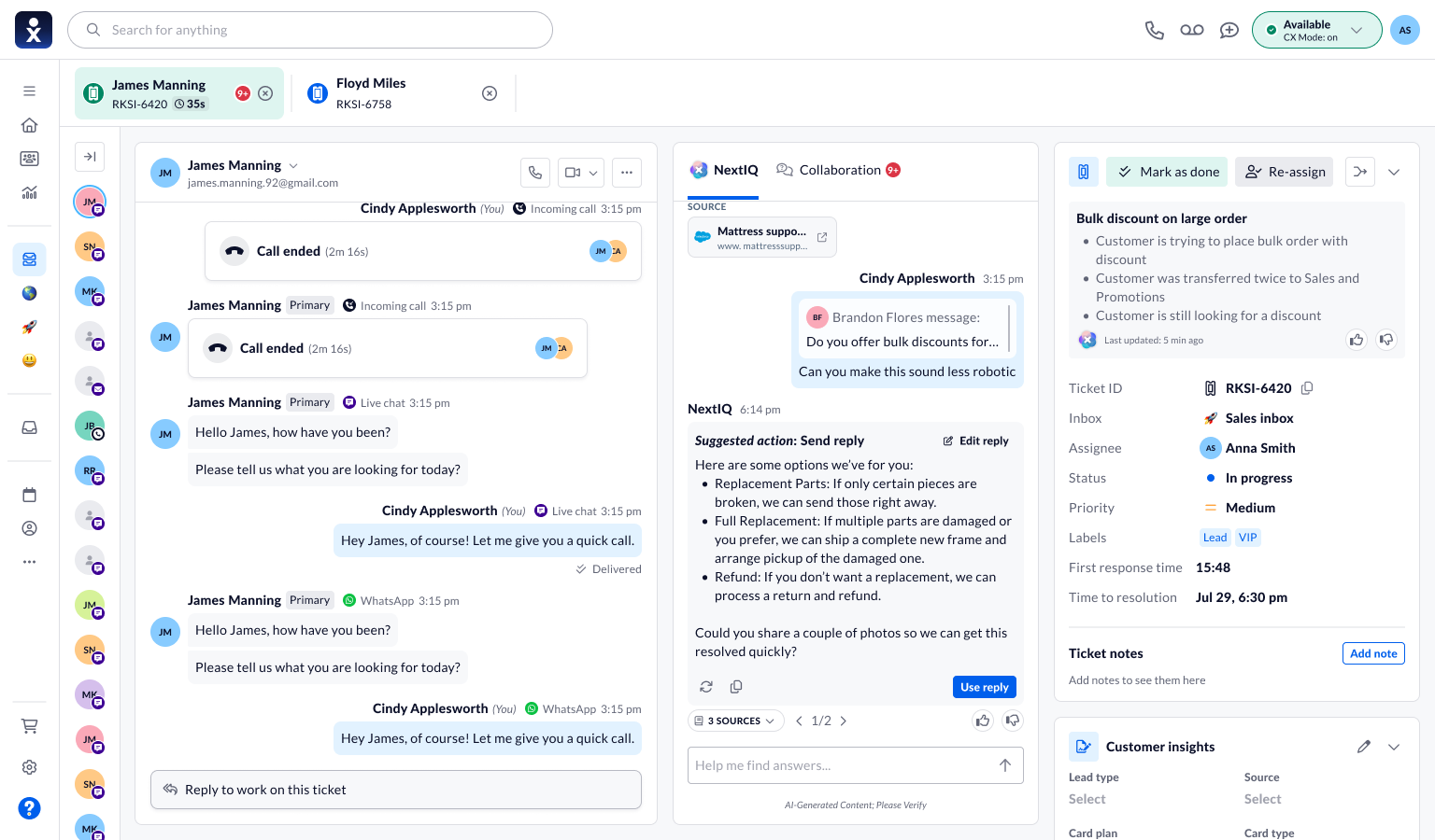 NextIQ suggested action with Edit reply, Use reply, and source controls