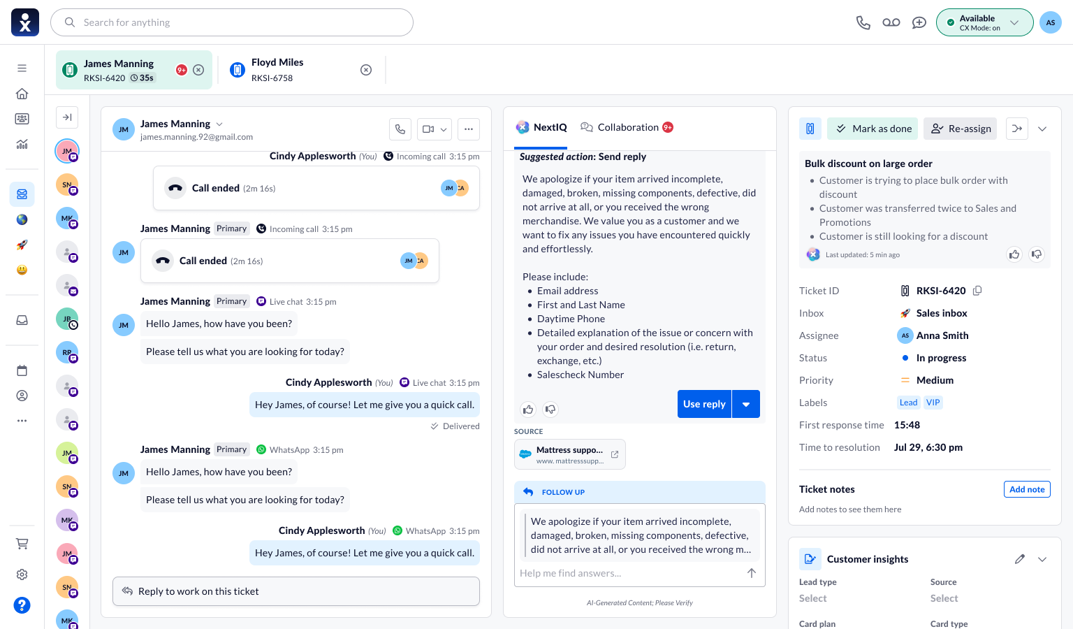 NextIQ follow-up composer retaining the selected response as context