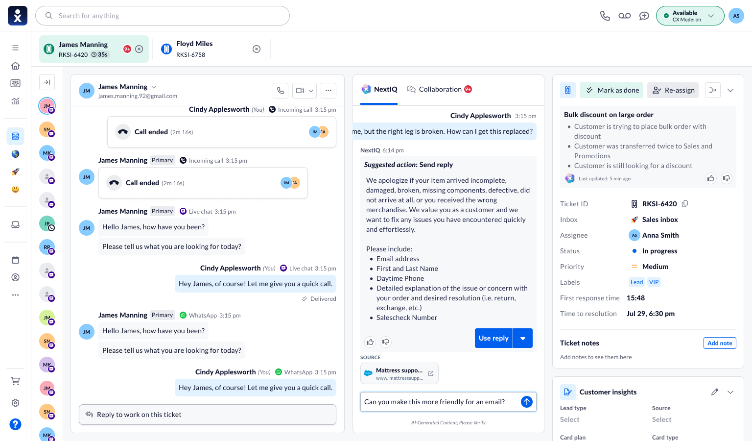 NextIQ reply assistance beside a customer conversation