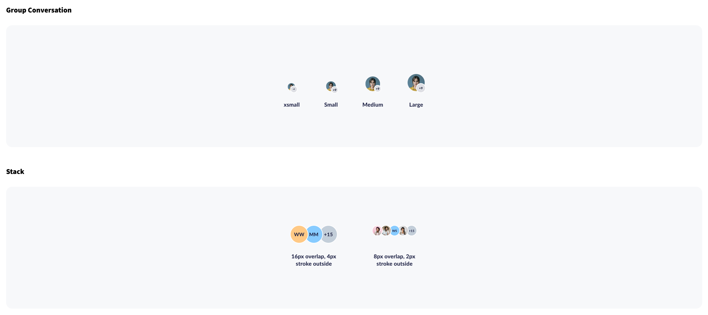 Group conversation avatar sizes and stack examples with overlap and stroke specifications