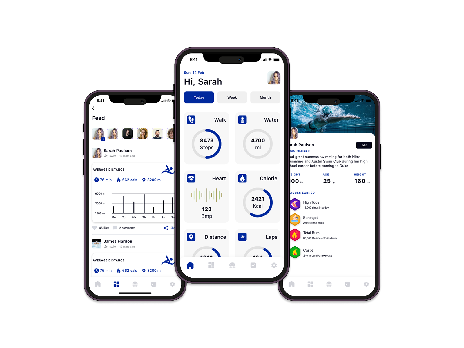 Swimup dashboard, feed, and achievement designs