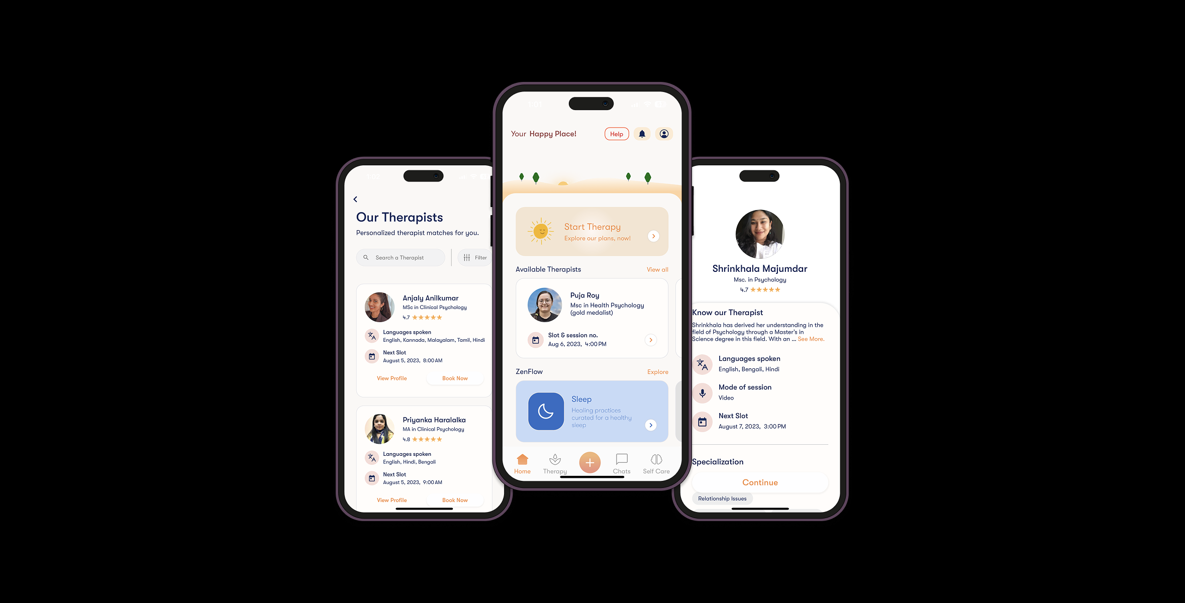 Felicity therapist discovery, home dashboard, and therapist profile